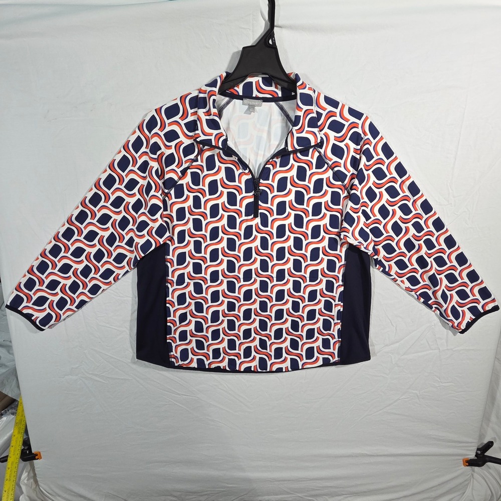 T by Talbots Quarter Zip Pullover 1X Navy Orange Geometric Nylon Spandex Active